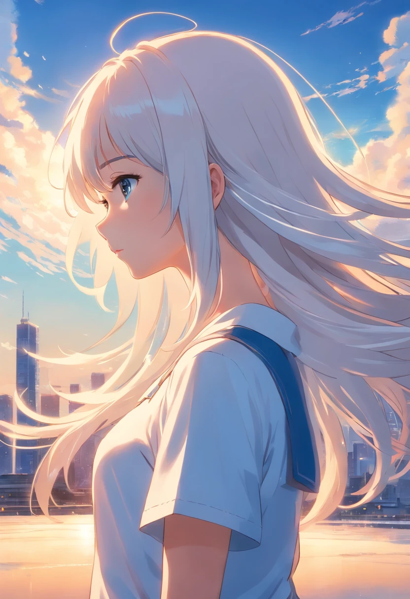 1 girl, white long hair, behind view, blue sky background, an angel girl, masterpiece