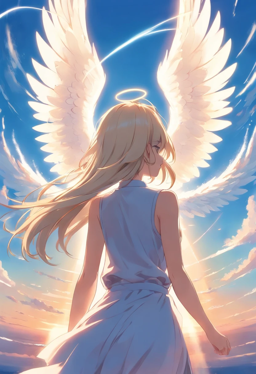 1 girl, white long hair, behind view, blue sky background, an angel girl, masterpiece