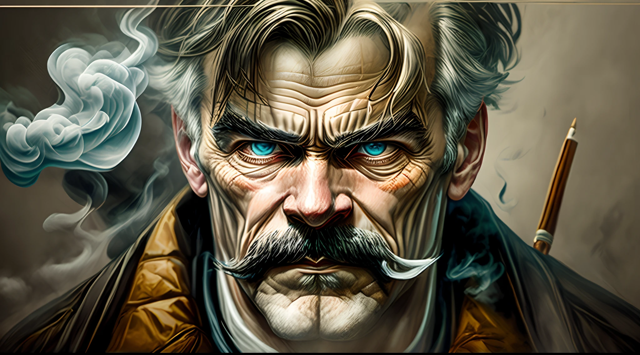 Nietzsche. smoke billowing, chuva, bigode e bravura. He can solve any puzzle. But he can't overcome his inner demons. Expressiva pintura escura fosca guche.