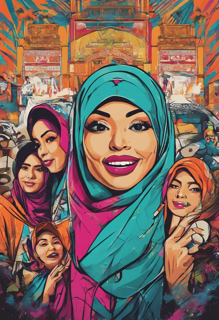 Design a hilarious movie poster featuring the three malay female in hijab as a main characters of our comedy film. Show them caught in a comical situation, with exaggerated facial expressions and props that reflect their distinct personalities. Add a touch of whimsy and fun to the poster to convey the lighthearted spirit of the movie