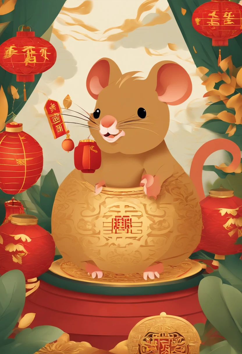 Chinese New Year，Year of the Rat，Golden-red，cartoony，Flat illustration style，، simple，Non-realistic，Commercial posters，There are decorations around，delight