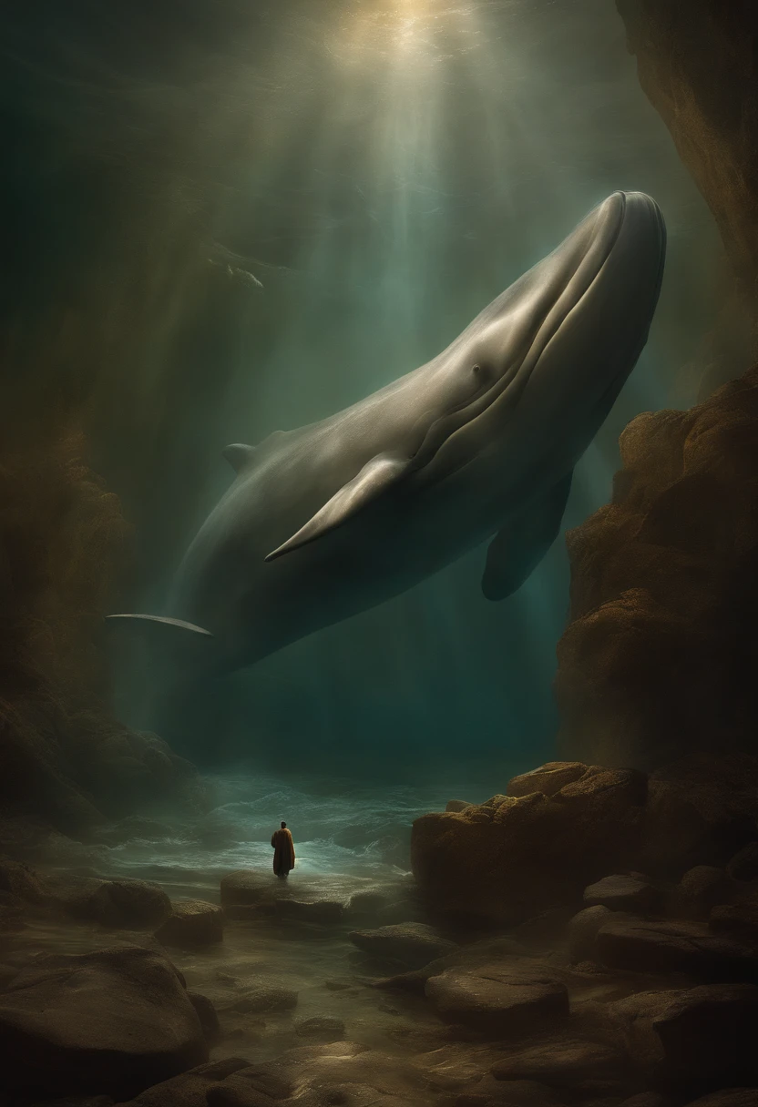 Draw a vivid scene of Jonah, the prophet of God, in a moment of desperate prayer inside the huge belly of the giant whale.
Jonas is kneeling on wet, slippery ground, illuminated by a dim light that enters through the whale's mouth.
He is dressed in torn clothes and his features show anguish and humility.
Around Jonas, the whale's inner walls have a rough, wet texture, with some sort of marine residue visible.
Jonah is raising his hands in prayer, tears in his eyes, as his words are addressed to God.
The figure of the giant whale hovers above Jonah, showing his greatness and darkness, contrasting with the smallness and vulnerability of the prophet.