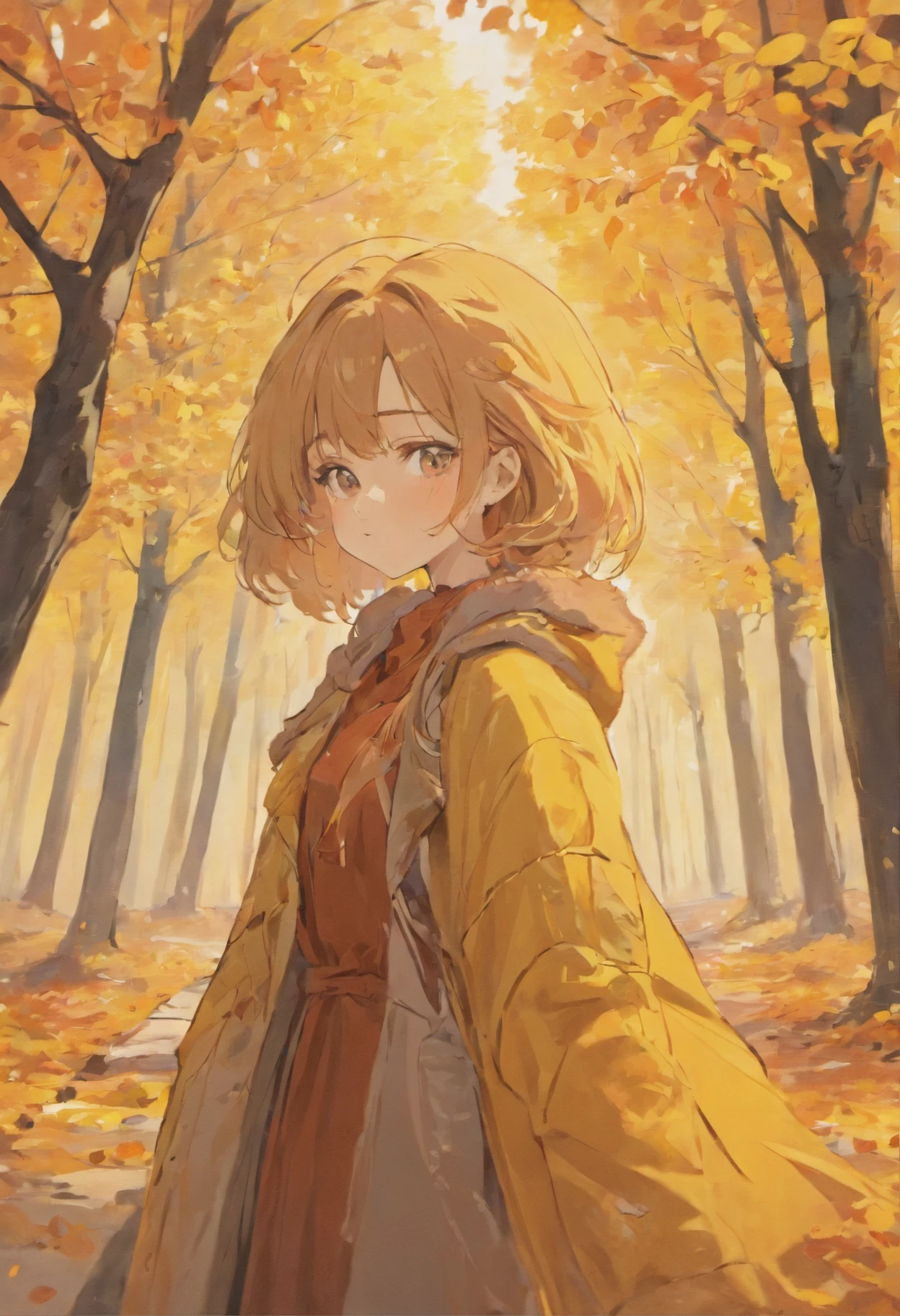 autumn trees, fashionable European woman dressed in autumn clothes, flowers, vibrant colors, soft lighting, oil painting texture, detailed features, 4k resolution, professional portraits, vivid color palette