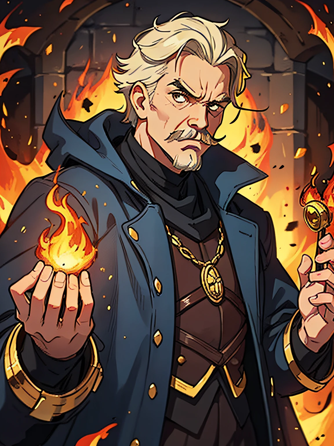 um homem mau com olhos vermelhos, He is Nietzsche, vestindo roupas medievais elegantes, vestes pretas, he is inside a kind of basement in the underworld, He is a Nietzsche philosopher, an evil looking villain with fire around him, Um personagem sombrio para o RPG medieval D&d he wears an elegant costume is surrounded by gold and fire this man has a grid and evil mustache and is in middle age