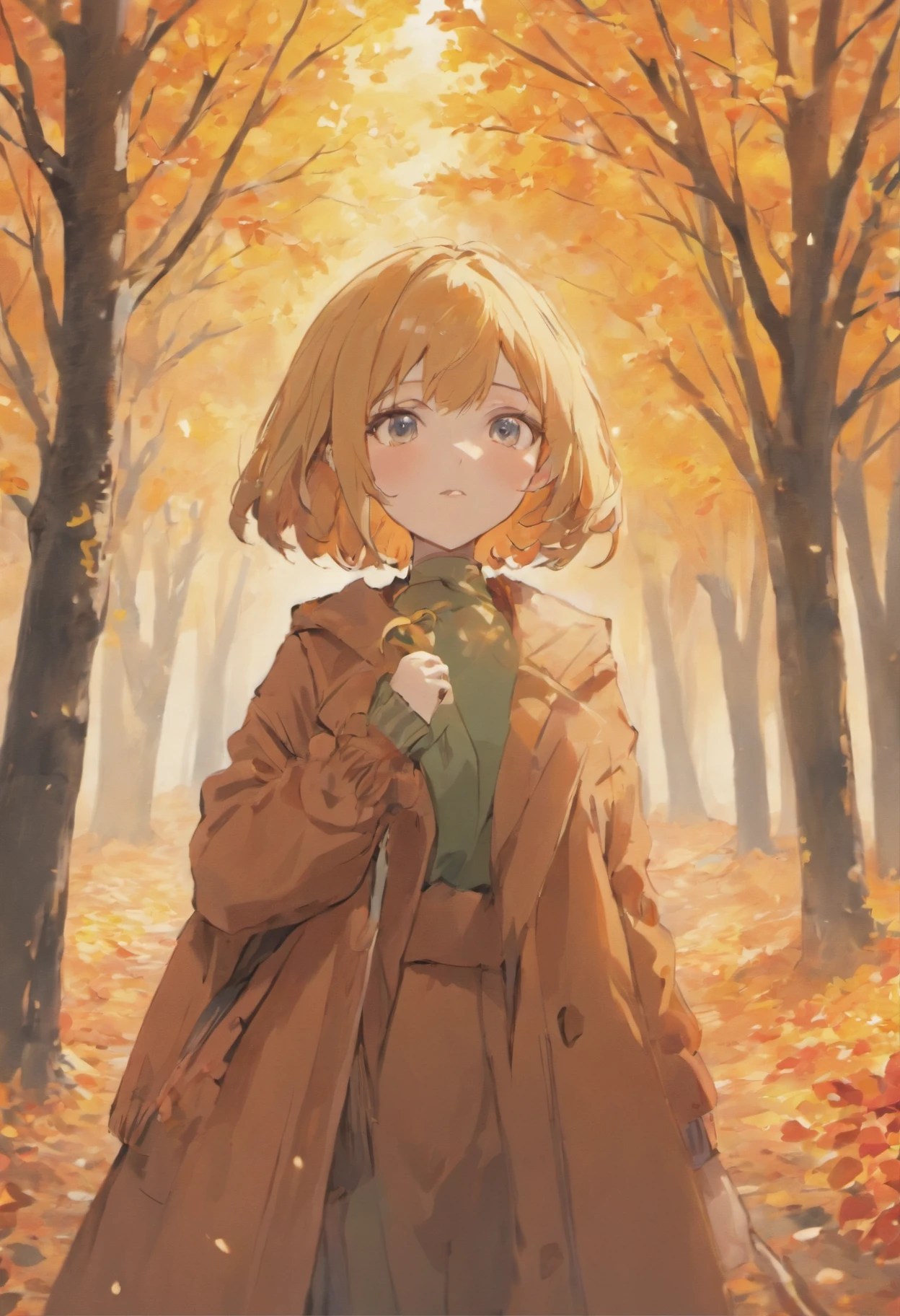 autumn trees, fashionable European woman dressed in autumn clothes, flowers, vibrant colors, soft lighting, oil painting texture, detailed features, 4k resolution, professional portraits, vivid color palette