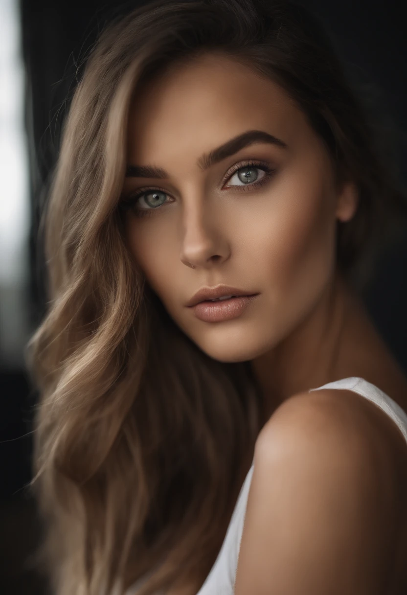 Arafed woman with a white tank top and necklace, fille sexy aux yeux verts, Portrait Sophie Mudd, cheveux bruns et grands yeux, selfie of a young woman, Yeux de chambre, Violet Myers, sans maquillage, maquillage naturel, looking straight at camera, Visage avec Artgram, Maquillage subtil, stunning closeupheadshot, piercing green eyes