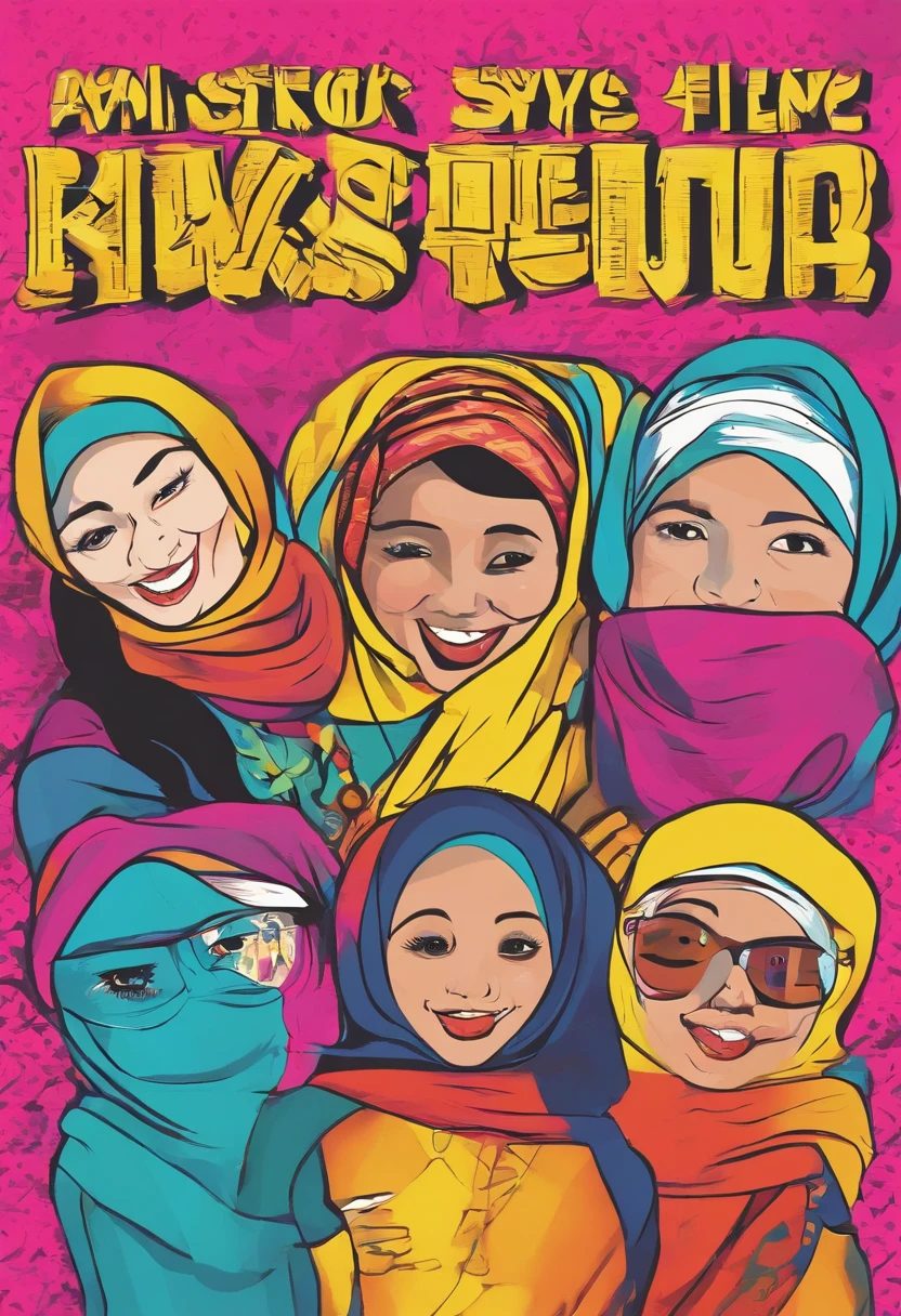 Design a hilarious movie poster featuring the three malay female in hijab as a main characters of our comedy film. Show them caught in a comical situation, with exaggerated facial expressions and props that reflect their distinct personalities. Add a touch of whimsy and fun to the poster to convey the lighthearted spirit of the movie