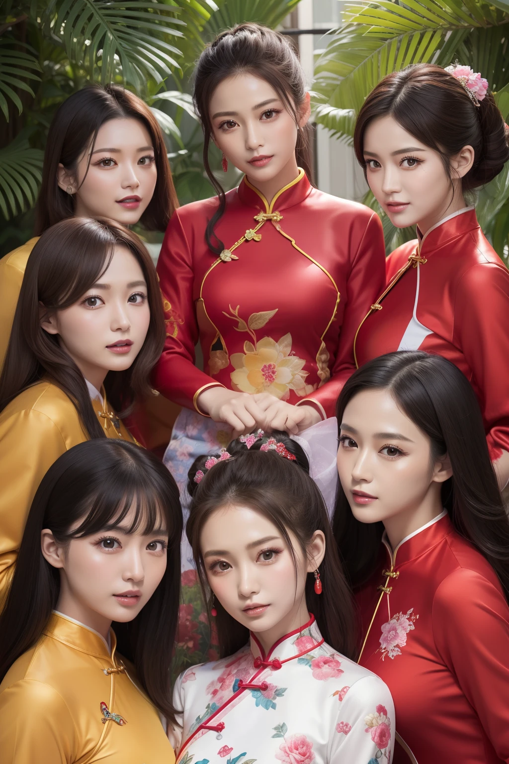 Outrageous resolution、hight resolution、(masterpiece:1.4)、ultra-detailliert、Crisp details、Dramatic and photorealistic pictorial art、Super Sentai Series、All in cheongsam(reddish、verdant、A black、amarelo、pink there、Fivesome)Everyone smiles、、