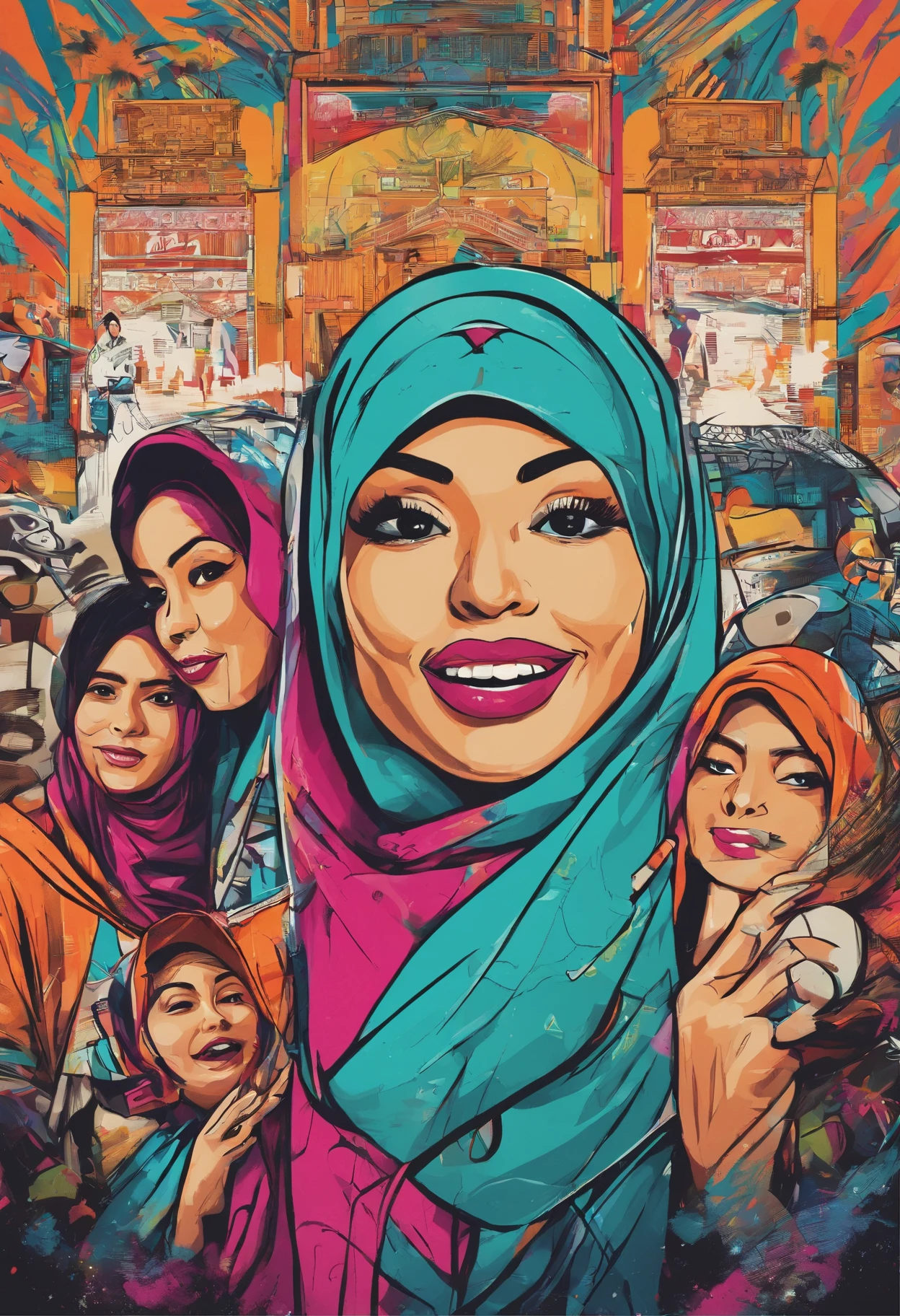 Design a hilarious movie poster featuring the three malay female in hijab as a main characters of our comedy film. Show them caught in a comical situation, with exaggerated facial expressions and props that reflect their distinct personalities. Add a touch of whimsy and fun to the poster to convey the lighthearted spirit of the movie