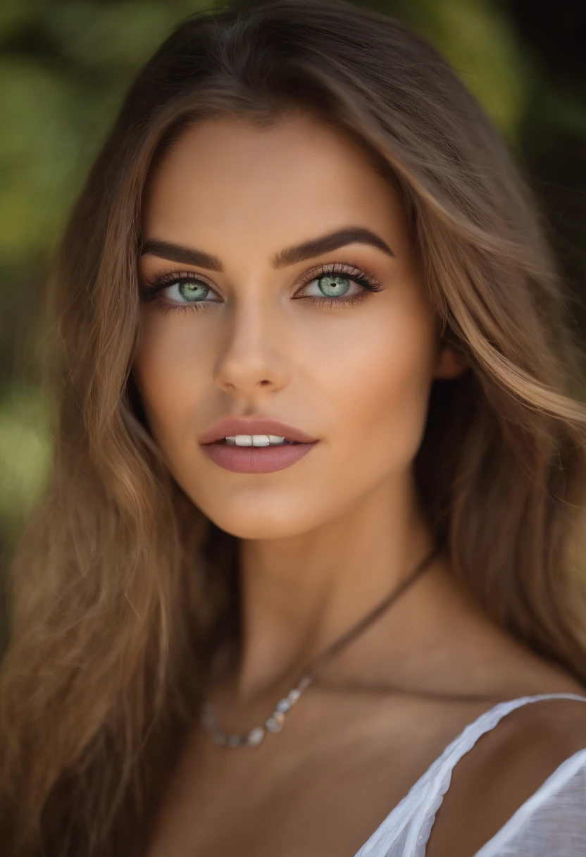 Arafed woman with a white tank top and necklace, fille sexy aux yeux verts, Portrait Sophie Mudd, cheveux bruns et grands yeux, selfie of a young woman, Yeux de chambre, Violet Myers, sans maquillage, maquillage naturel, looking straight at camera, Visage avec Artgram, Maquillage subtil, stunning closeupheadshot, piercing green eyes