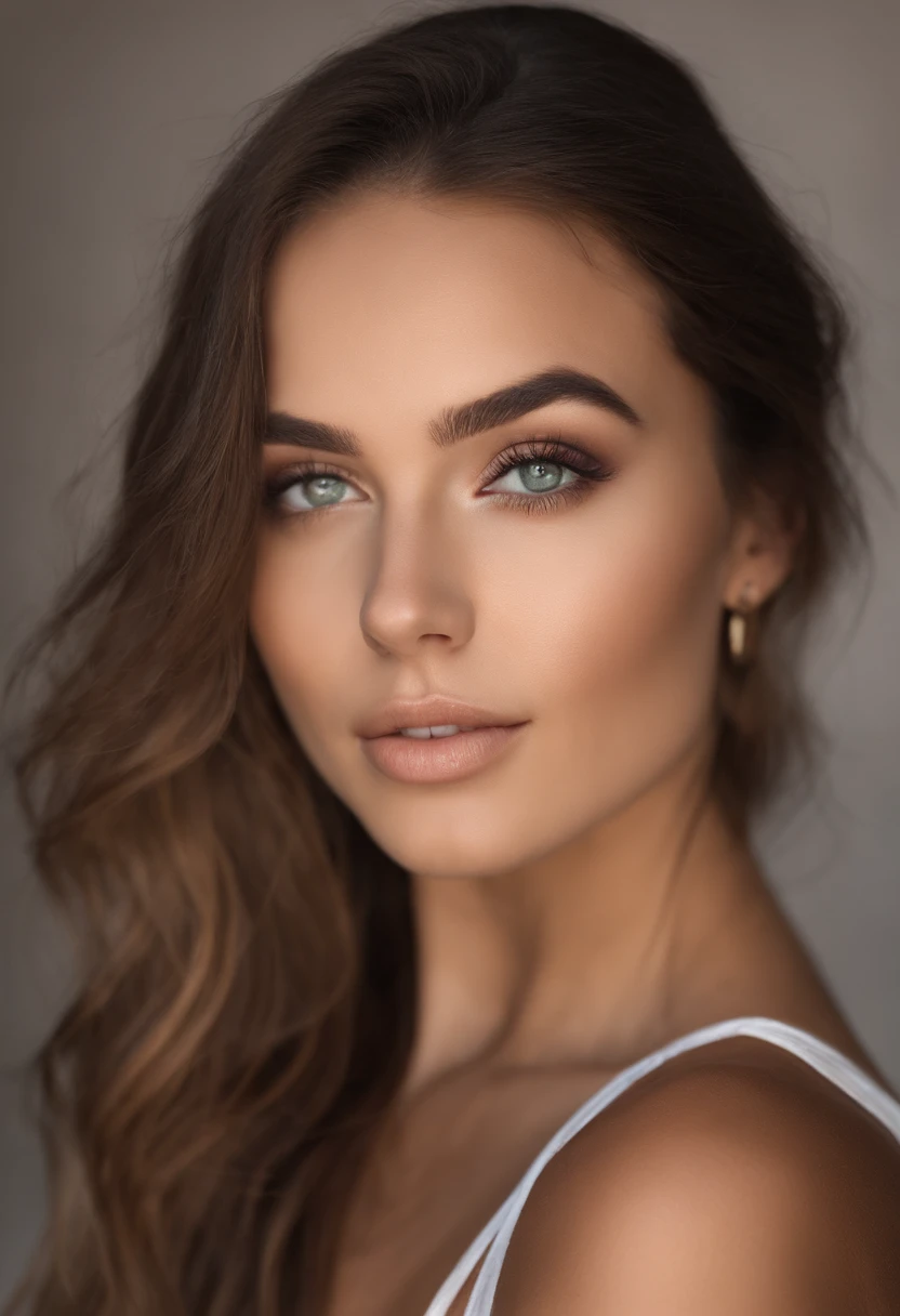 Arafed woman with a white tank top and necklace, fille sexy aux yeux verts, Portrait Sophie Mudd, cheveux bruns et grands yeux, selfie of a young woman, Yeux de chambre, Violet Myers, sans maquillage, maquillage naturel, looking straight at camera, Visage avec Artgram, Maquillage subtil, stunning closeupheadshot, piercing green eyes