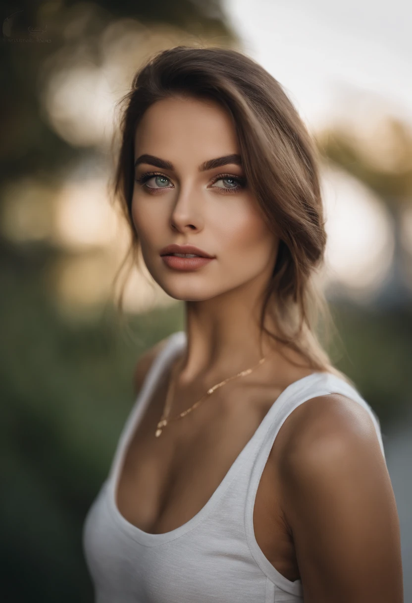 Arafed woman with a white tank top and necklace, fille sexy aux yeux verts, Portrait Sophie Mudd, cheveux bruns et grands yeux, selfie of a young woman, Yeux de chambre, Violet Myers, sans maquillage, maquillage naturel, looking straight at camera, Visage avec Artgram, Maquillage subtil, stunning closeupheadshot, piercing green eyes