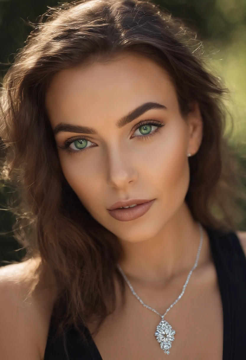 Arafed woman with a white tank top and necklace, fille sexy aux yeux verts, Portrait Sophie Mudd, cheveux bruns et grands yeux, selfie of a young woman, Yeux de chambre, Violet Myers, sans maquillage, maquillage naturel, looking straight at camera, Visage avec Artgram, Maquillage subtil, stunning closeupheadshot, piercing green eyes