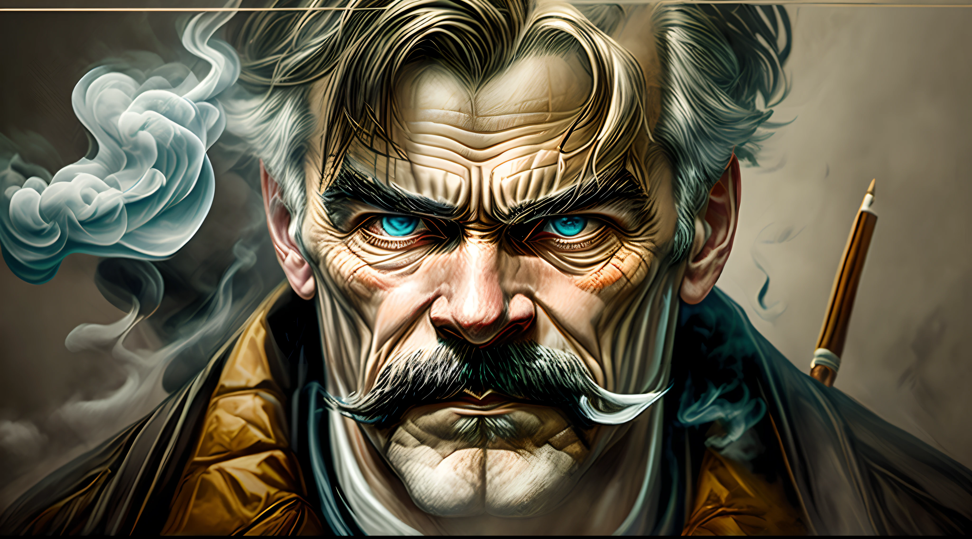 Nietzsche. smoke billowing, chuva, bigode e bravura. He can solve any puzzle. But he can't overcome his inner demons. Expressiva pintura escura fosca guche.