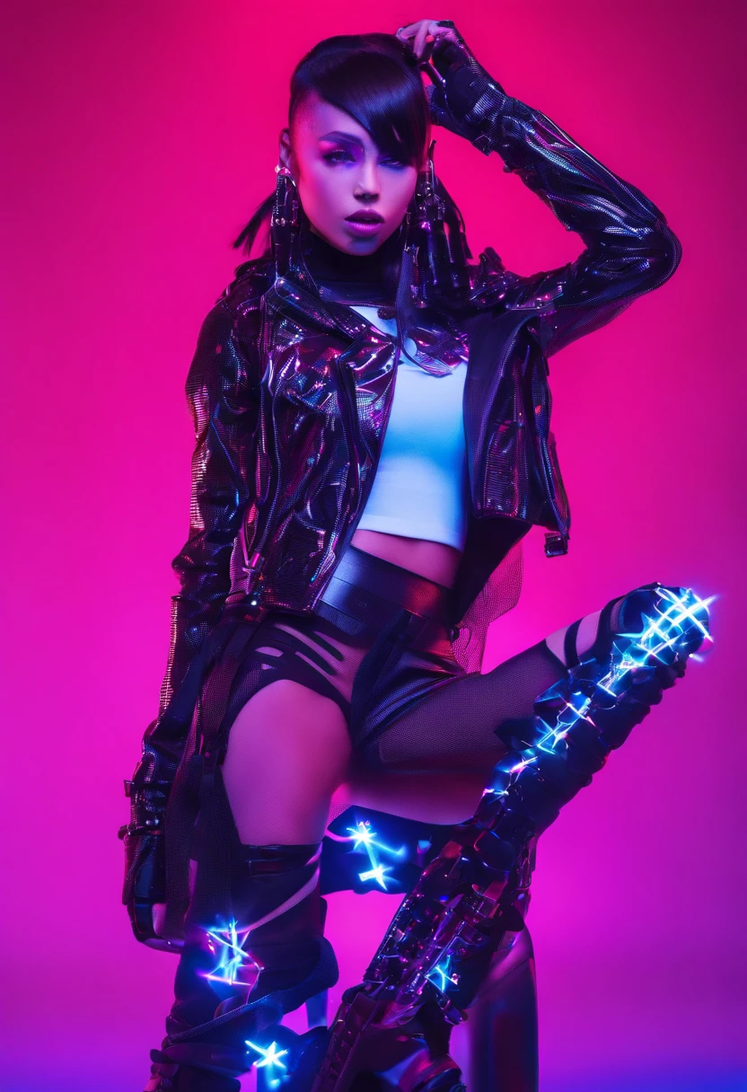 best quality,ultra-detailed,neon led lit fishnet, punk girl,punk attire,punk makeup,colorful hair,energetic dance moves,dancing in a club,fierce expressions,intense gaze,grunge background,dynamic lighting,high contrast,gritty atmosphere,vibrant colors,expressive body language,confident posture,tattoos,piercings,attitude,edgy style,street fashion,tight black outfit,studded accessories,loud music,bright neon lights,sweat dripping,energetic music, lively atmosphere,fog machine,smoke effects,crowded dance floor,electrifying energy,celebrating freedom and individuality