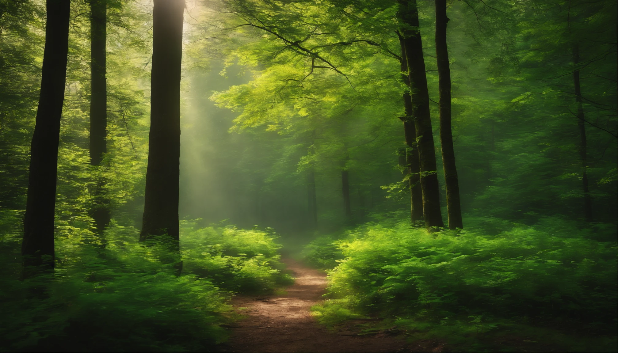 Dense forest, Bright green tree々, hardwood, unmanned, landscape shot, top-quality, masterpiece, Realistic, ultra-detailliert, natural soft light