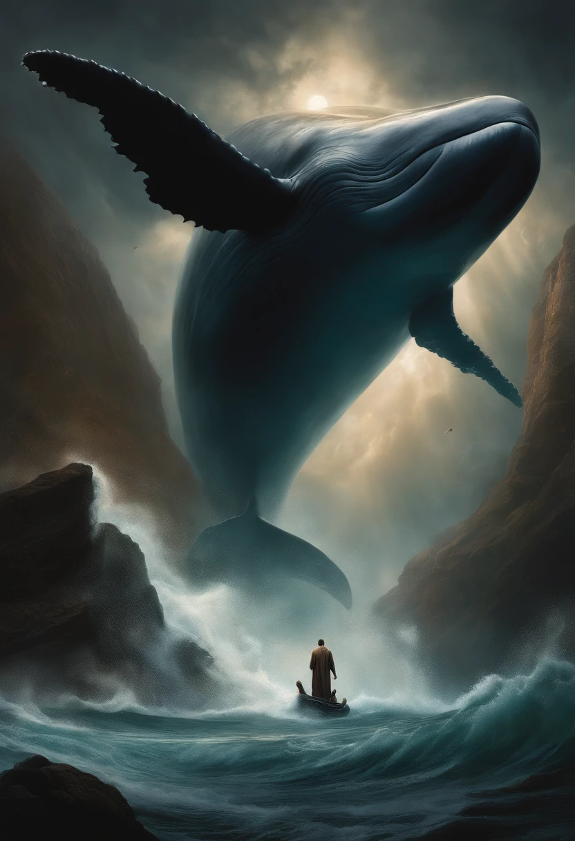 Draw a vivid scene of Jonah, the prophet of God, in a moment of desperate prayer inside the huge belly of the giant whale.
Jonas is kneeling on wet, slippery ground, illuminated by a dim light that enters through the whale's mouth.
He is dressed in torn clothes and his features show anguish and humility.
Around Jonas, the whale's inner walls have a rough, wet texture, with some sort of marine residue visible.
Jonah is raising his hands in prayer, tears in his eyes, as his words are addressed to God.
The figure of the giant whale hovers above Jonah, showing his greatness and darkness, contrasting with the smallness and vulnerability of the prophet.