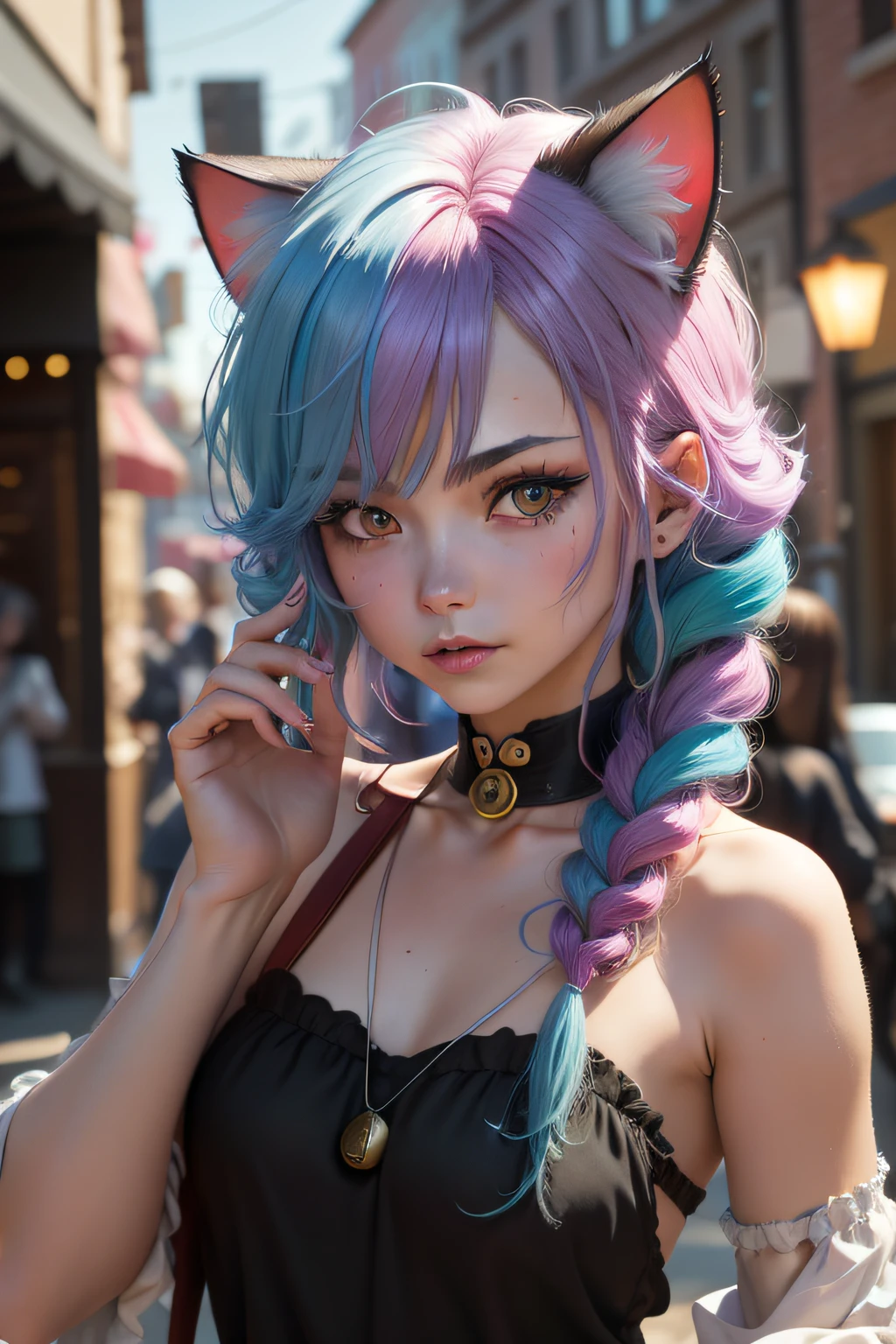 colored inner hair, drill hair, bell, raised eyebrows, cat ears, drunk, En plein air, depth of field, first-person view, high details, textured skin, high quality