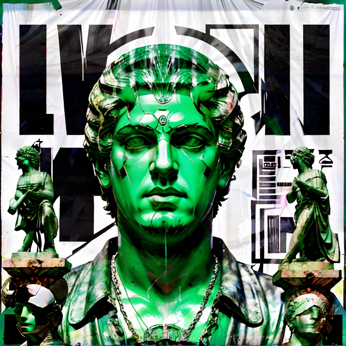 acid poster, (man, greek statue, text, logos, globe with grid))