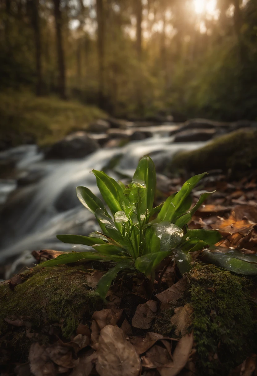 the woods,small stream,a plant,stony,naturey,Scenic view,Bright light,Realistic and realistic,photography of,in a panoramic view,4K