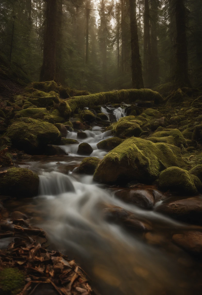 the woods，small stream，a plant，stony，naturey，Scenic view，Bright light，Realistic and realistic，photography of，in a panoramic view，4K