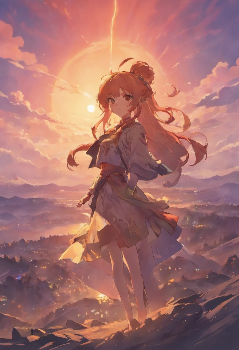 Masterpiece, Best quality, Sunset, sky, hilltop, steams, Console CG, Popular science fiction, Monster, Orc symbaroum, Double bun, Shiny hair, multicolored hair, Pupil of the slit