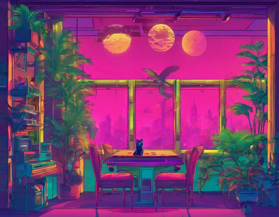 big window,Full of greenery,The cat is at the table,Outside the window is vintage architecture,themoon,Extremely colorful