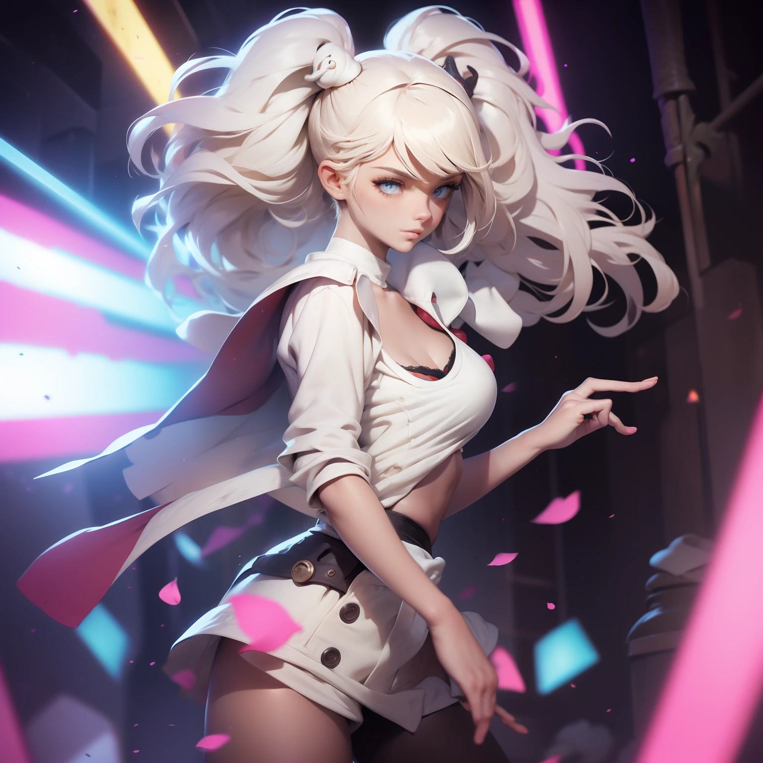 (masterpiece), (best quality), (1girl), solo, sexy, perfect body, white hair, bobcut hair, open shirt, no bra, braless