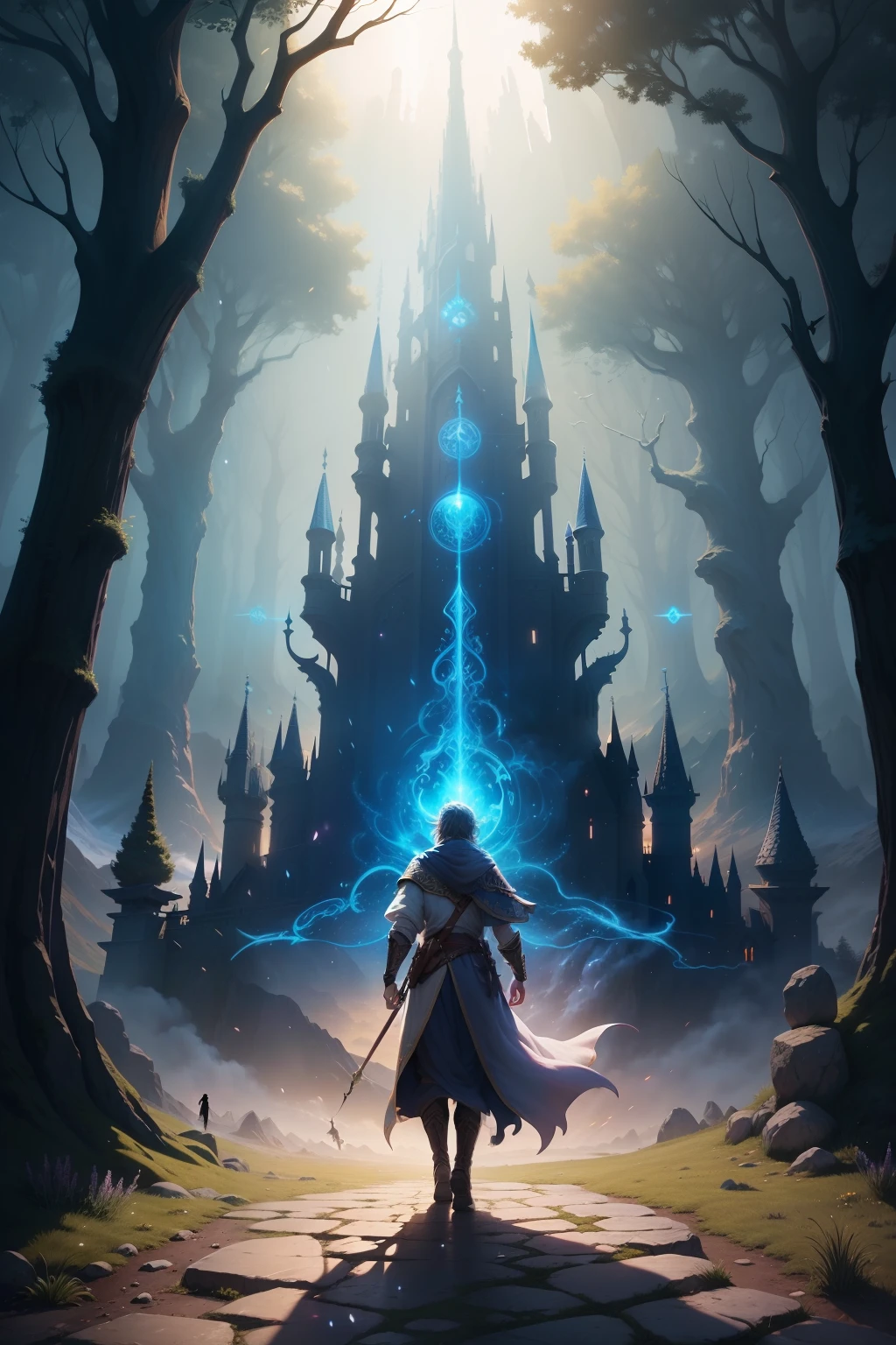 An illustration in a fantasy style featuring a mystical character leading a traveler through a magical realm. The phrase "led me the way" reflects the sense of wonder and adventure in the scene
