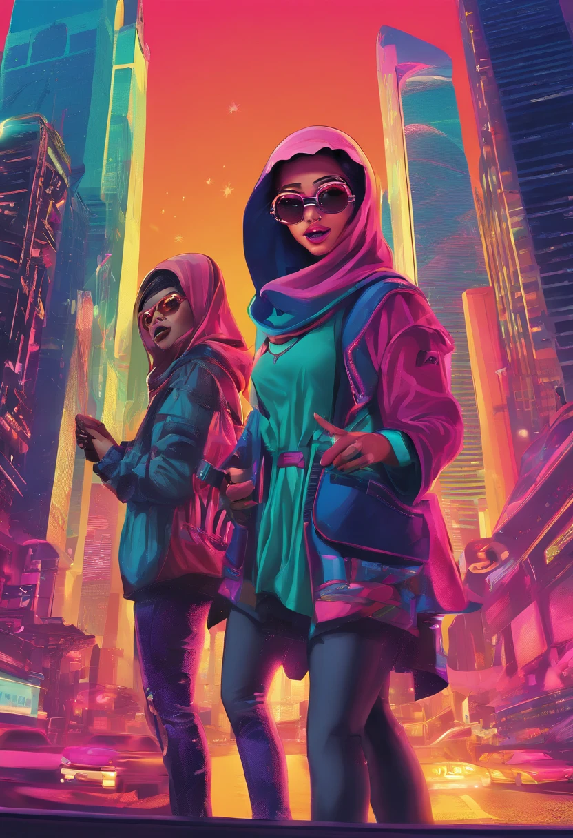 Design a hilarious movie poster featuring the three malay female in hijab as a main characters of our comedy film. Show them caught in a comical situation, with exaggerated facial expressions and props that reflect their distinct personalities. Add a touch of whimsy and fun to the poster to convey the lighthearted spirit of the movie