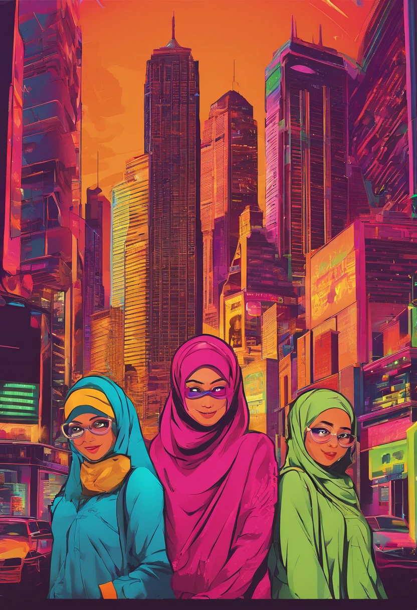 Design a hilarious movie poster featuring the three malay female in hijab as a main characters of our comedy film. Show them caught in a comical situation, with exaggerated facial expressions and props that reflect their distinct personalities. Add a touch of whimsy and fun to the poster to convey the lighthearted spirit of the movie