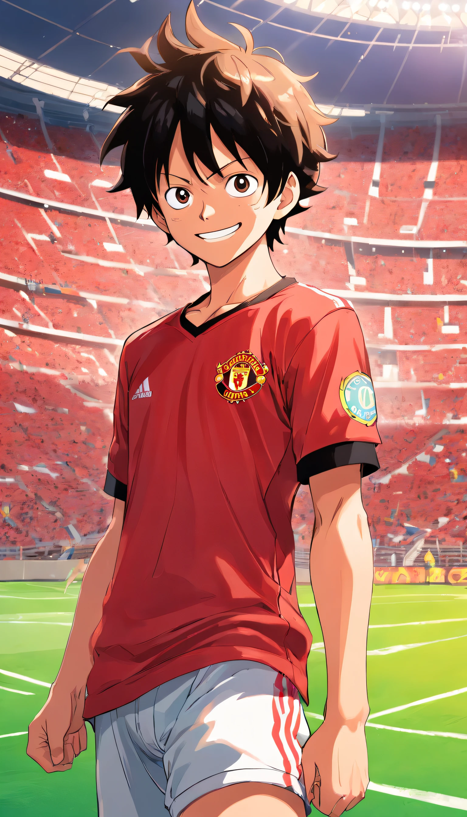 "luffy from One Piece wearing a Manchester United outfit, standing in a stadium, facing the camera, with one hand raised and a smile."