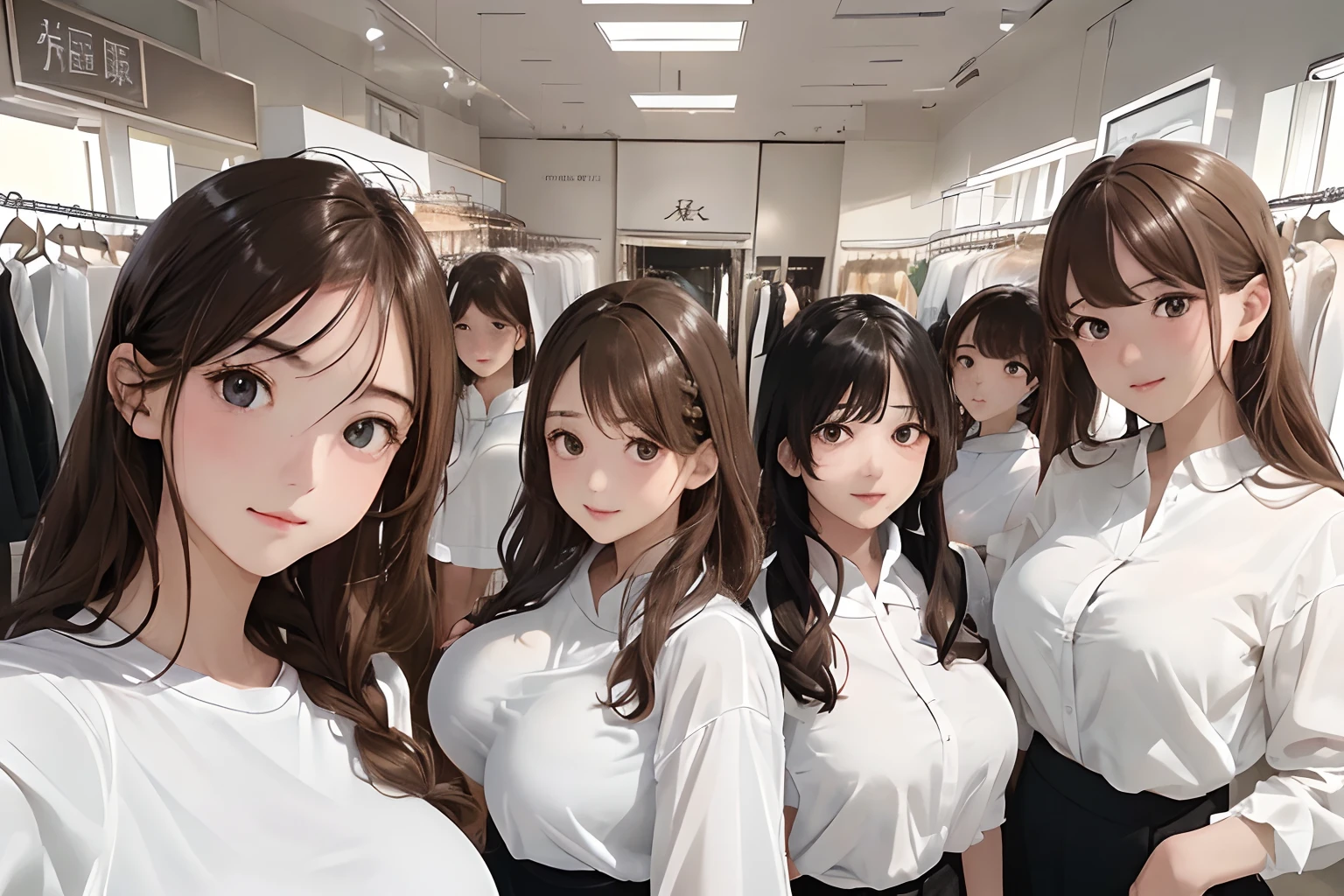 (frombelow:1.4)、(five girls:1.4),(First 2 people、Back 3 people)、Light Brown Fringe Hair、Braided hair、disheveled hair、Light brown eyes、(dignified expression)、(爆乳:1.7)、Emphasize the valley、fittingroom、(Photorealsitic)、Shadow、(intricate detailes:1.2)、(masterpiece:1.3)、(top-quality:1.4)、(超A high resolution:1.2)、(A detailed eye)、(detailed facial features)、(White shirt:1.2), (selfee:1.3)、Girls side by side