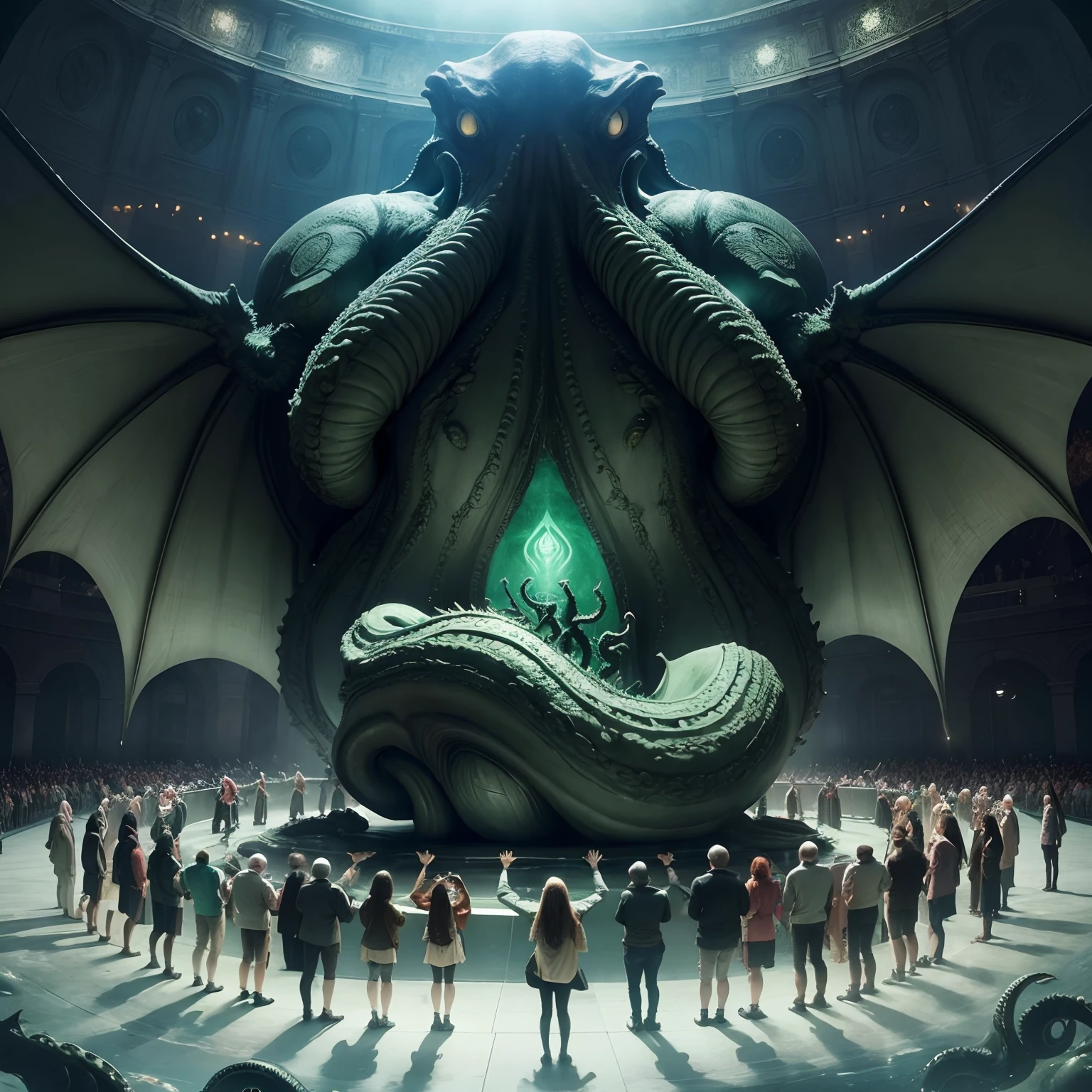 wide shot, (many humans:1.3), worshipping Cthulhu monster flying on the center