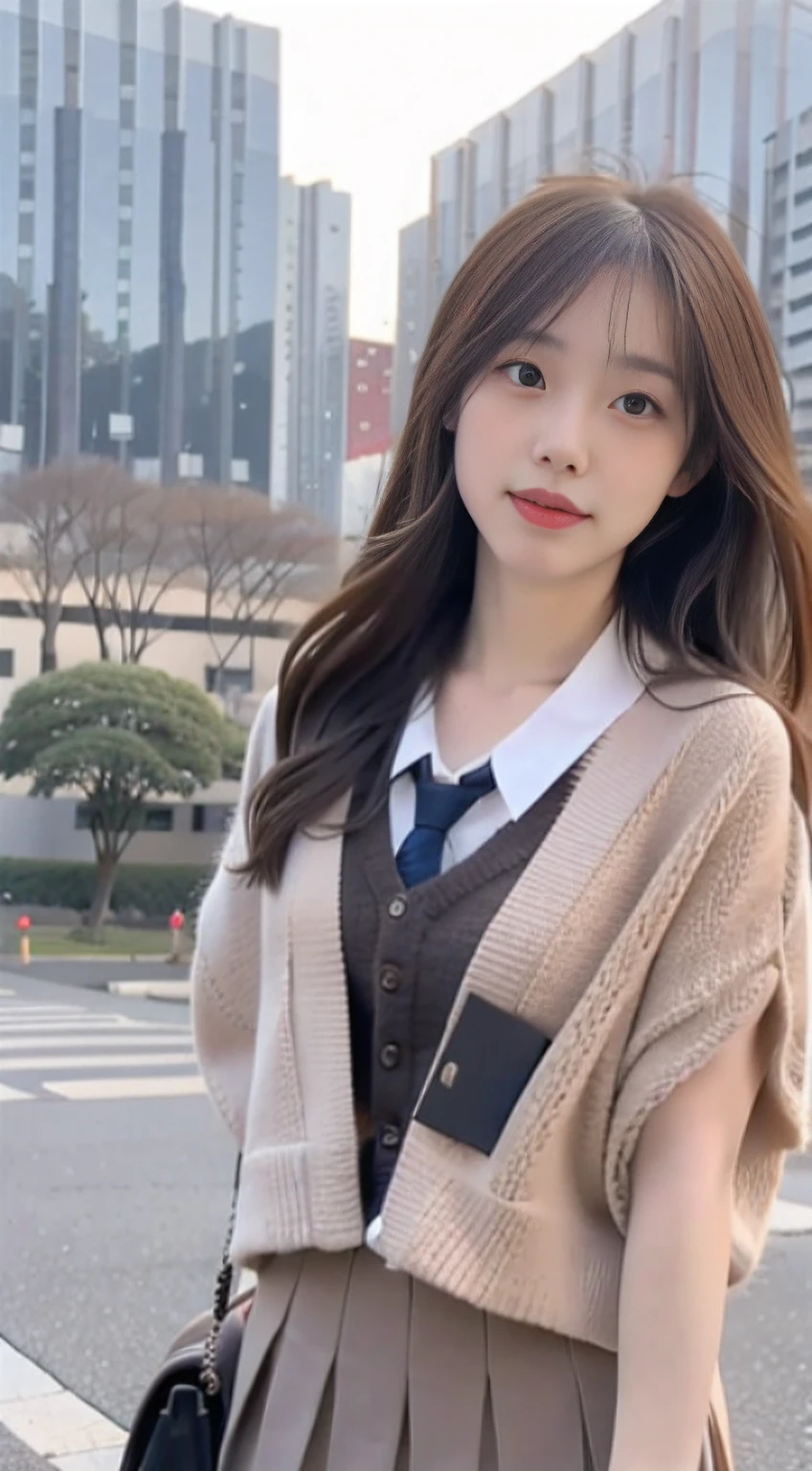 sidewalk, RAW photo, 8K, highest quality, super high resolution, beautiful face details, real human skin, shy expression, front view, angle from below, shawl long hair, realistic, realistic, cute, short skirt, standing deep in the city, cute schoolgirl, japanese schoolgirl uniform, wearing Japanese school uniform, surreal high school girl, full body,