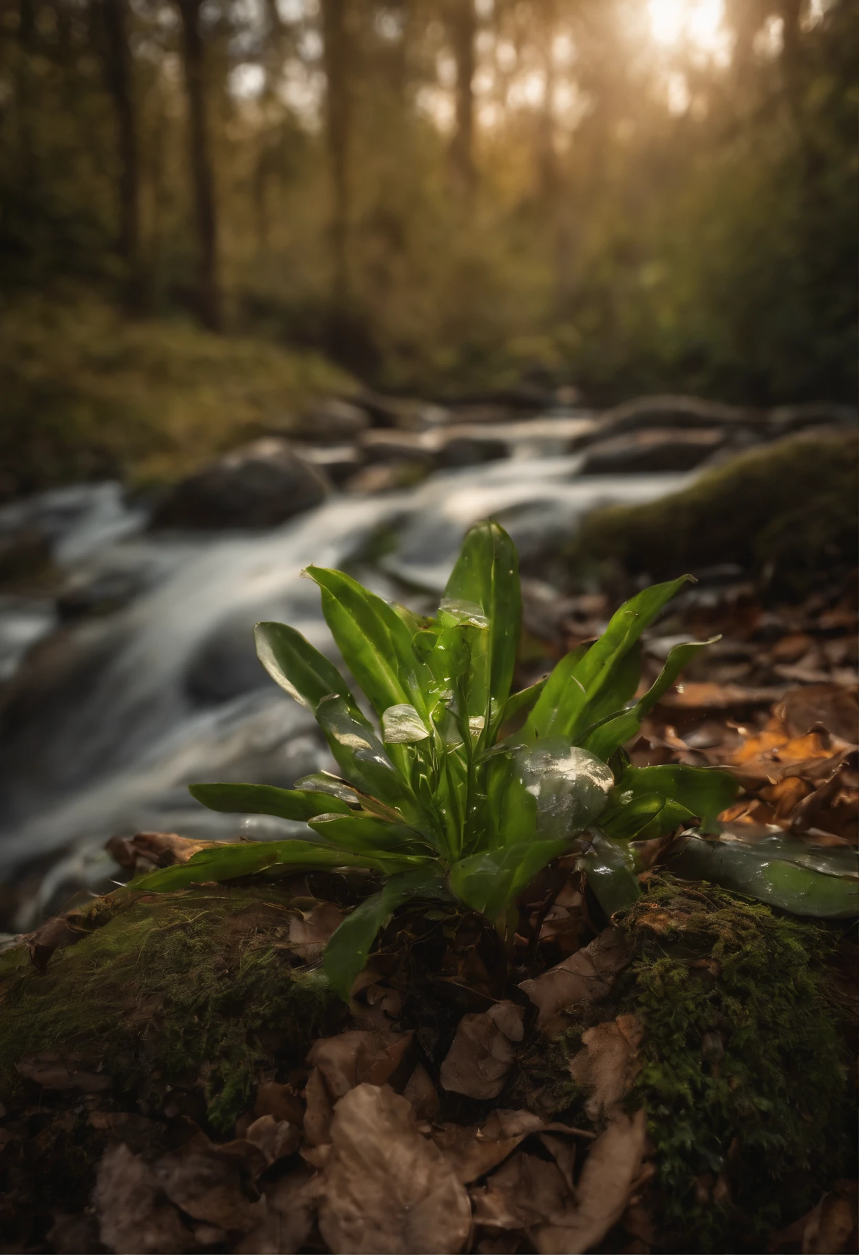 the woods,small stream,a plant,stony,naturey,Scenic view,Bright light,Realistic and realistic,photography of,in a panoramic view,4K