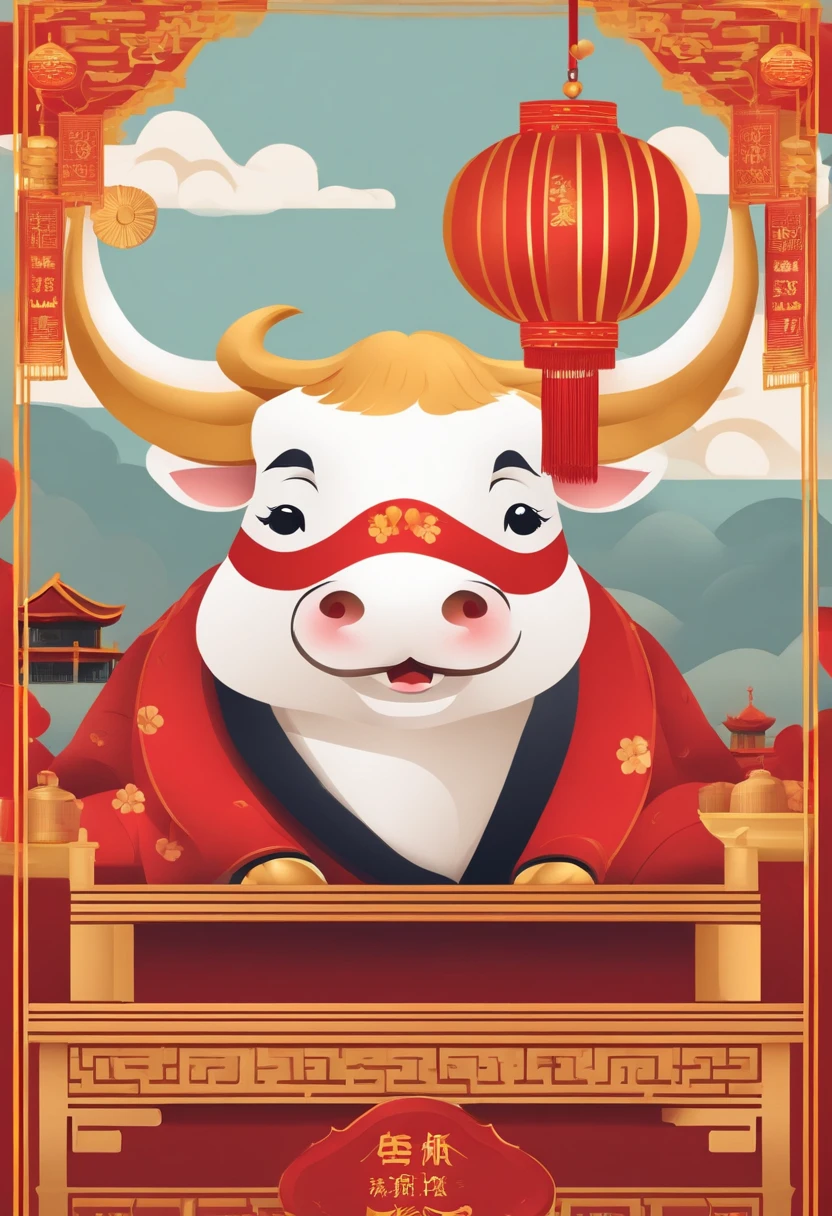 Chinese New Year,The Year of the Ox is prosperous,Golden-red,cartoony,Flat illustration style,، simple,Non-realistic,Commercial posters,There are decorations around,delight