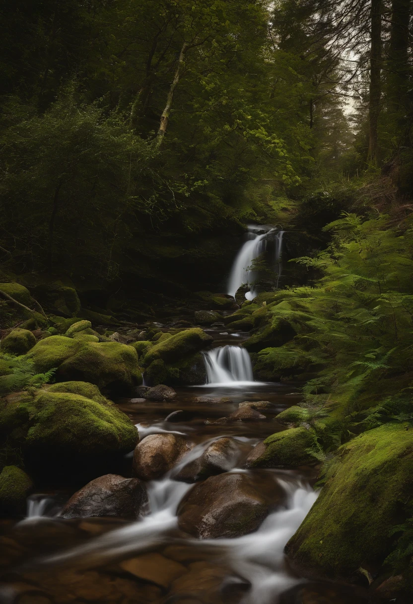 the woods,small stream,a plant,stony,naturey,Scenic view,Bright light,Realistic and realistic,photography of,in a panoramic view,4K