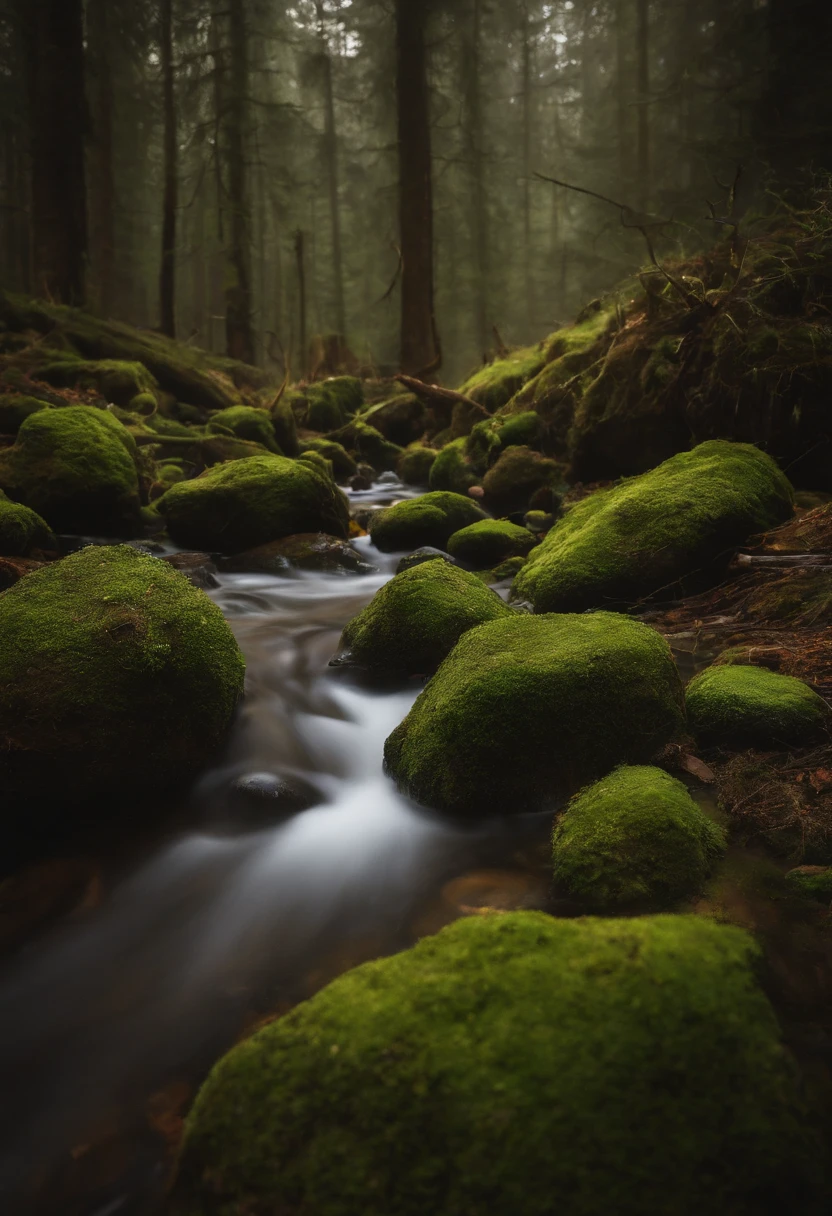 the woods,small stream,a plant,stony,naturey,Scenic view,Bright light,Realistic and realistic,photography of,in a panoramic view,4K