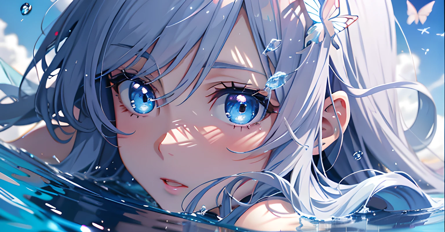 Anime girl blue eyes in water,There is a butterfly in the hair, Anime style. 8K, Detailed digital anime art, wallpaper anime blue water, | fine detail anime, blue watery eyes, style of anime4 K, Digital anime art, nightcore, Watery blue eyes, Guviz-style artwork, trending on cgstation