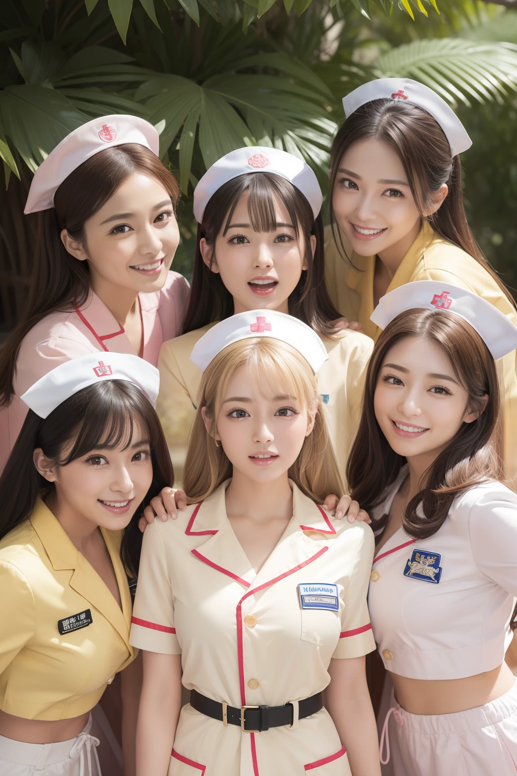 Outrageous resolution、hight resolution、(​masterpiece:1.4)、ultra-detailliert、Crisp details、Dramatic and photorealistic pictorial art、Super Sentai Series、All in nurse uniforms（shuicolor、Light yellow、white colors、Beige、pink there、Fivesome）Everyone smiles、