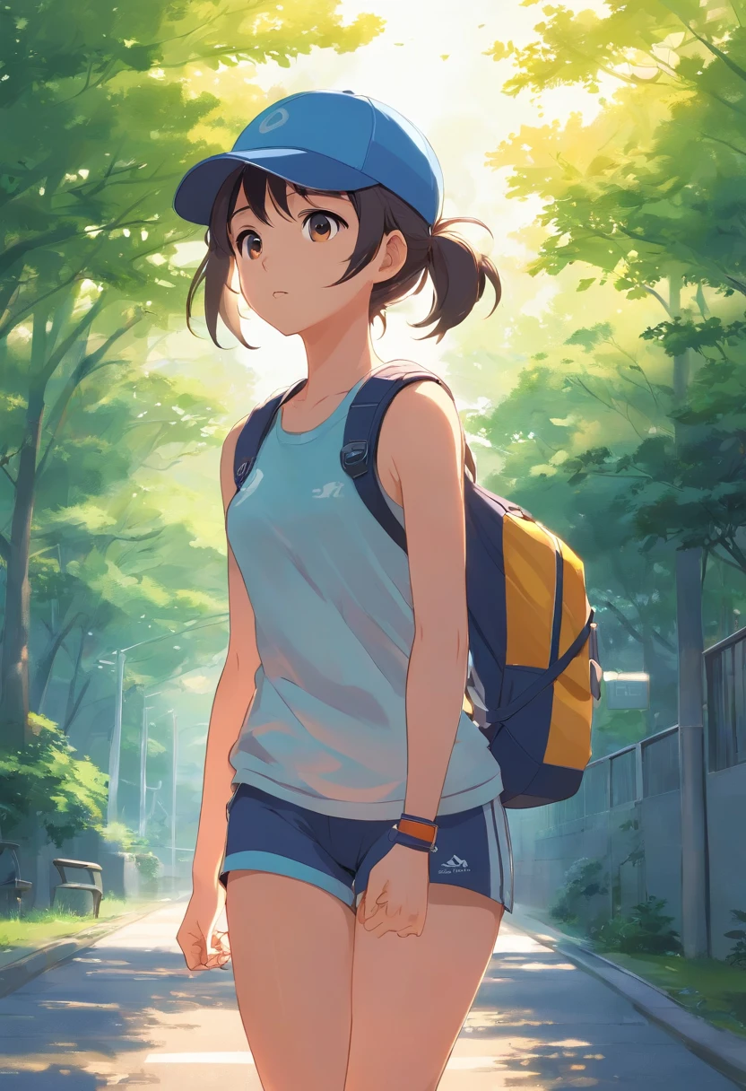 Girl in sportswear,Wear a cap,Carry a backpack,Run forward with open hands