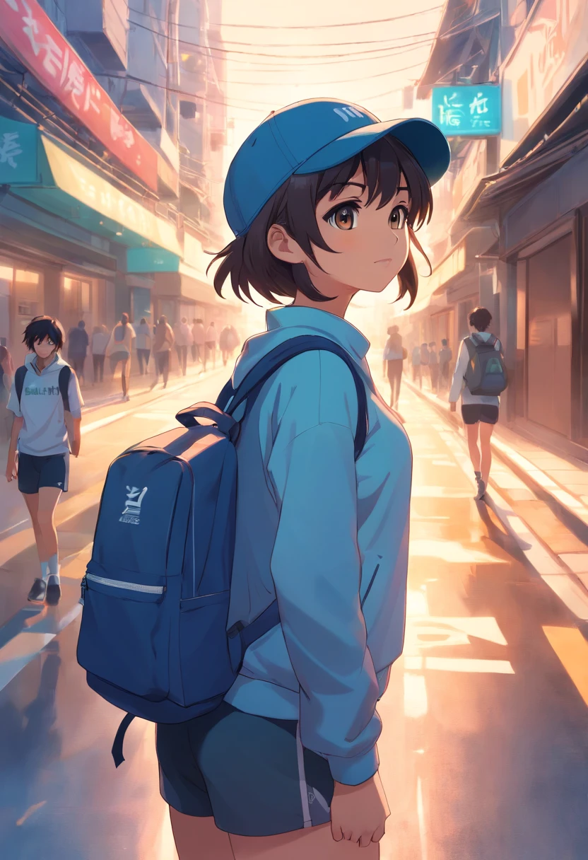 Girl in sportswear，Wear a cap，Carry a backpack，Run forward with open hands