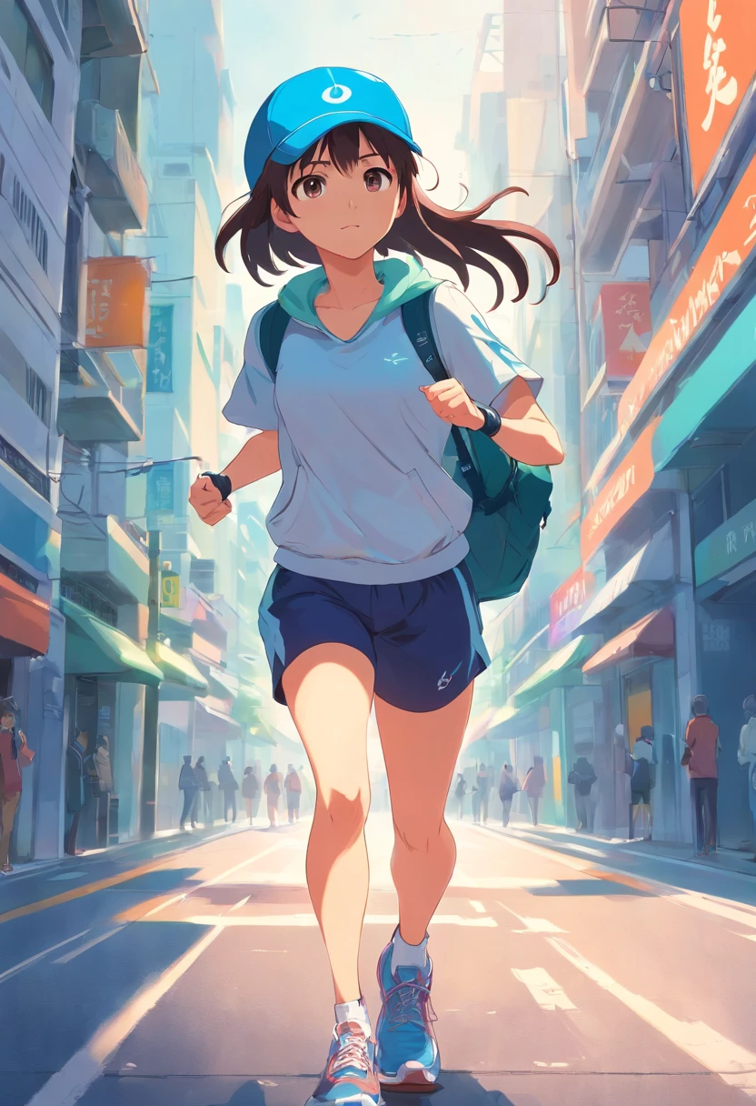 Girl in sportswear，Wear a cap，Carry a backpack，Run forward with open hands