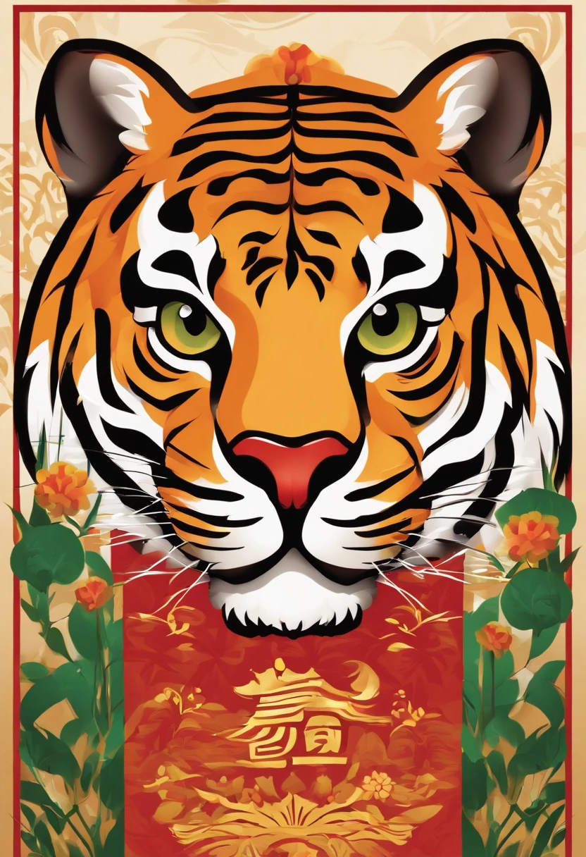 Chinese New Year，The Year of the Tiger，Golden, red, green，cartoony，Flat illustration style，، simple，Non-realistic，Commercial posters，There are decorations around，delight