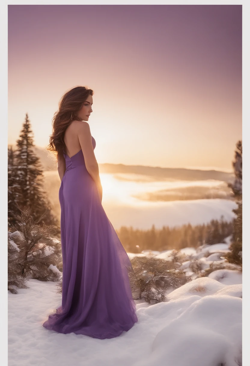 Golden Falling Sun，Sunset，Snowy mountain tops，Purple hair，