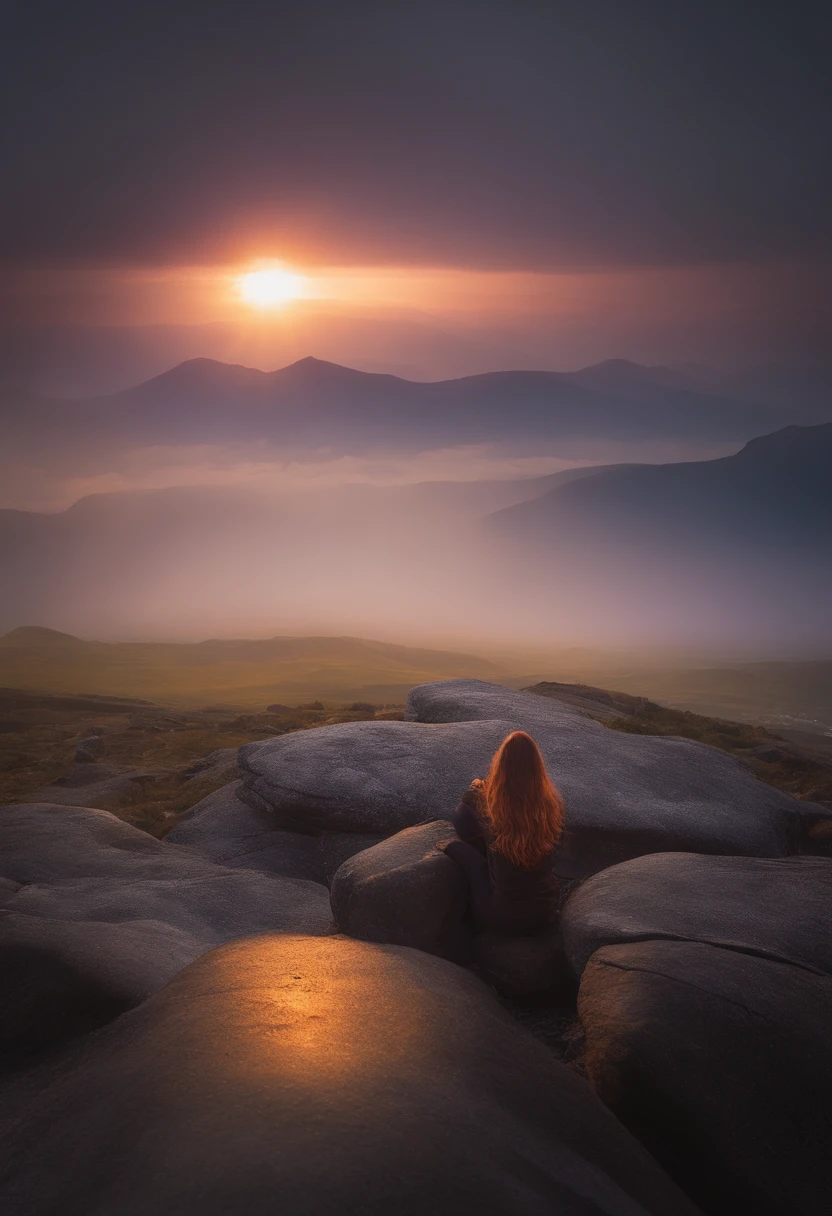Golden Falling Sun,Sunset,Snowy mountain tops,Purple hair,
