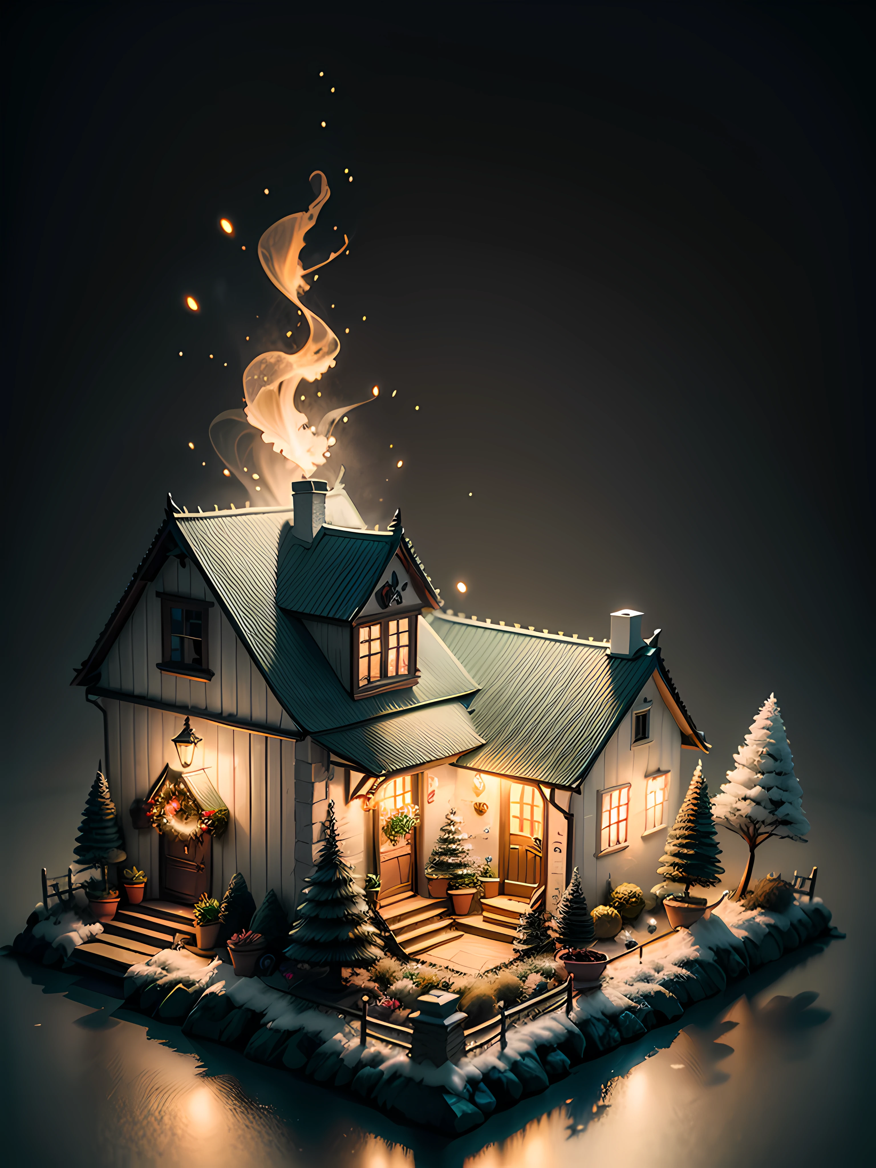 Duskamétrik isometric section Christmas house，Christmas deer，fire oven，santa，broom， Incredible background bokeh edge lighting，Courtesy of Duska Metric
