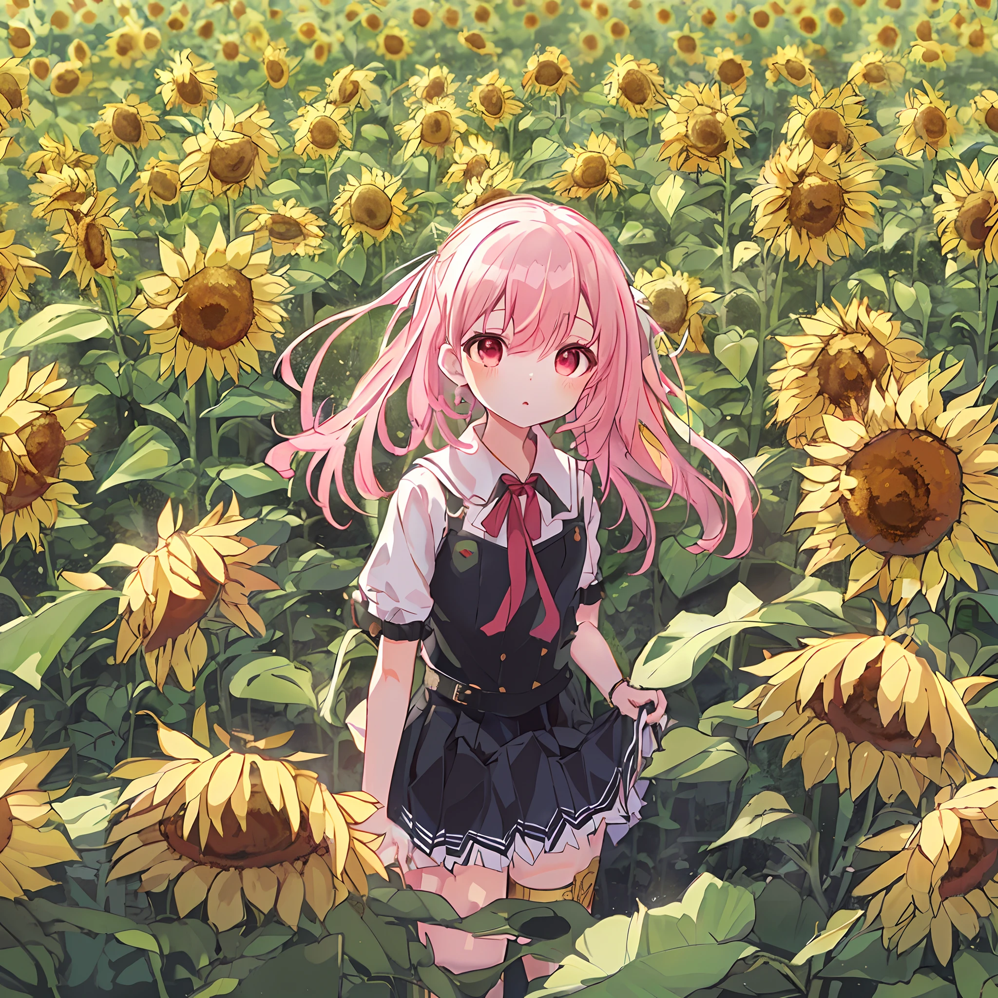 absurderes, hight resolution, (Anime style:1.1), ((masutepiece)), ((Best Quality)), (Ultra-detailed), (Beautiful), 独奏, Beautiful face、(liftup)、Cute *********** standing in sunflower field、Beautiful endless sky,Wind,Glowing pale pink hair、 Fine red eyes,Ephemeral,,Looking at Viewer,Dramatic,、(full body Esbian)、14years、((Low position,From below:1.5))、a miniskirt、Fluffy goth **** style clothes、garterbelts、(:1.4)、(Lifted skirt:1.7)