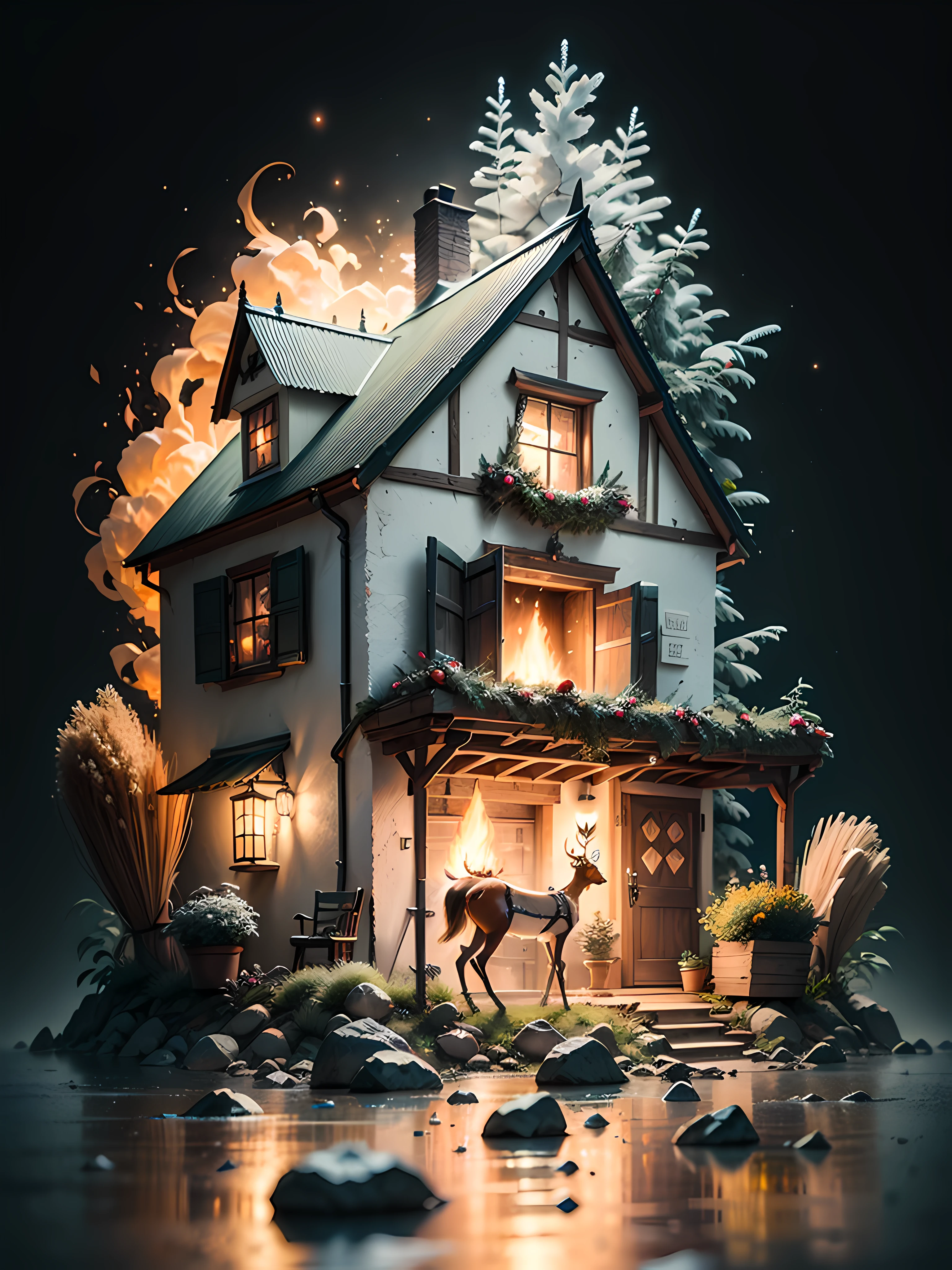 Duskamétrik isometric section Christmas house，Christmas deer，fire oven，santa，broom， Incredible background bokeh edge lighting，Courtesy of Duska Metric